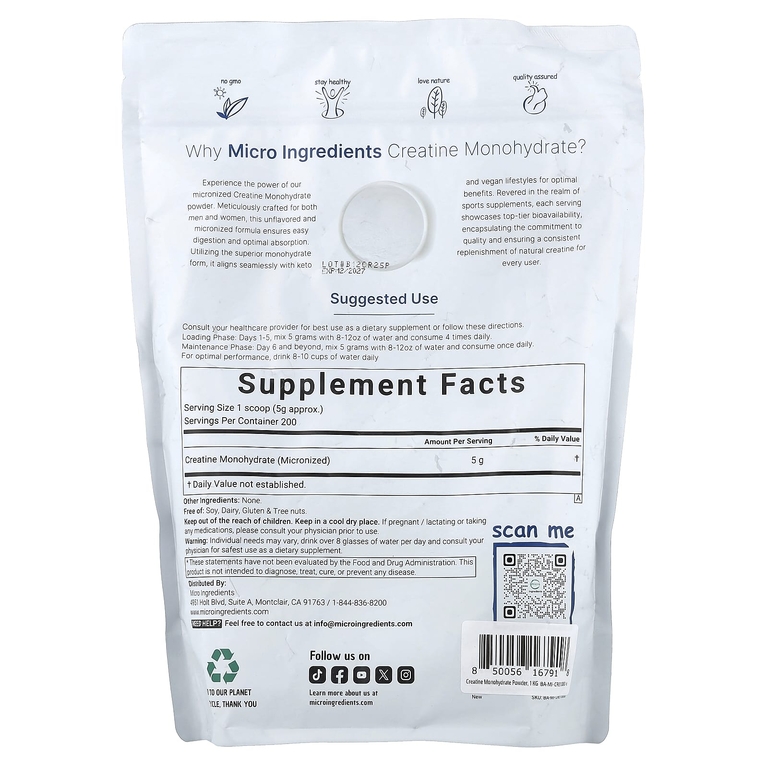 Micro Ingredients, Моногидрат креатина, без добавок, 1 кг (2,2 фунта)