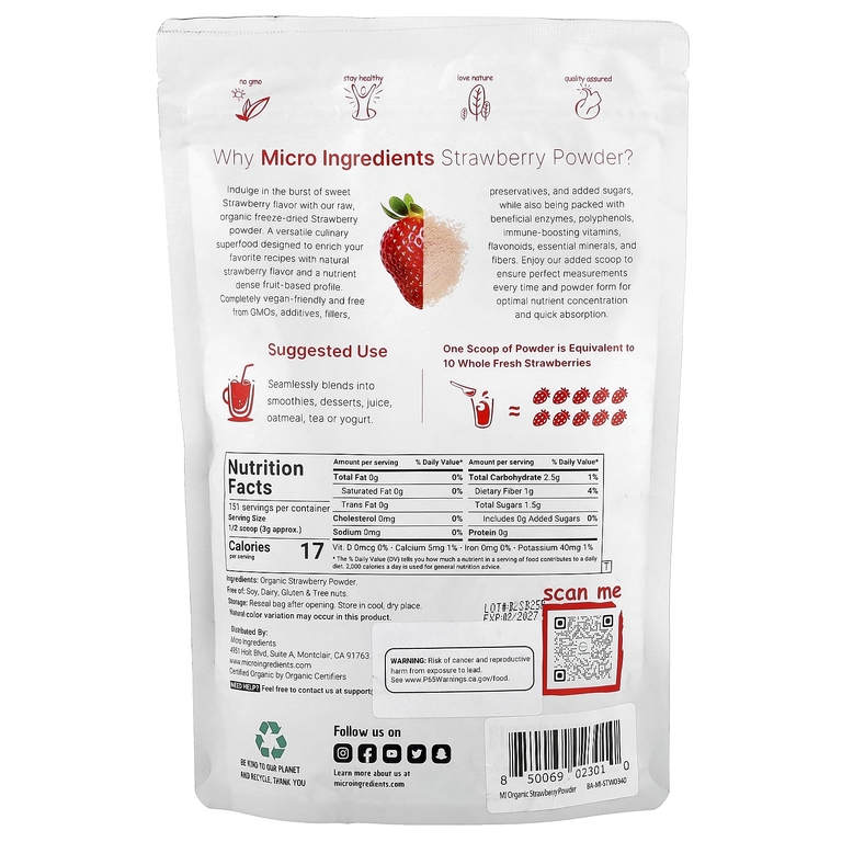 Micro Ingredients, Органический клубничный порошок, 454 г (1 фунт)