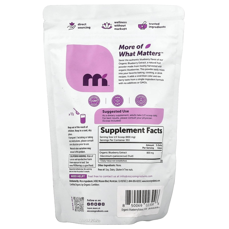 Micro Ingredients, порошок с экстрактом органической голубики, 283 г (10 унций)