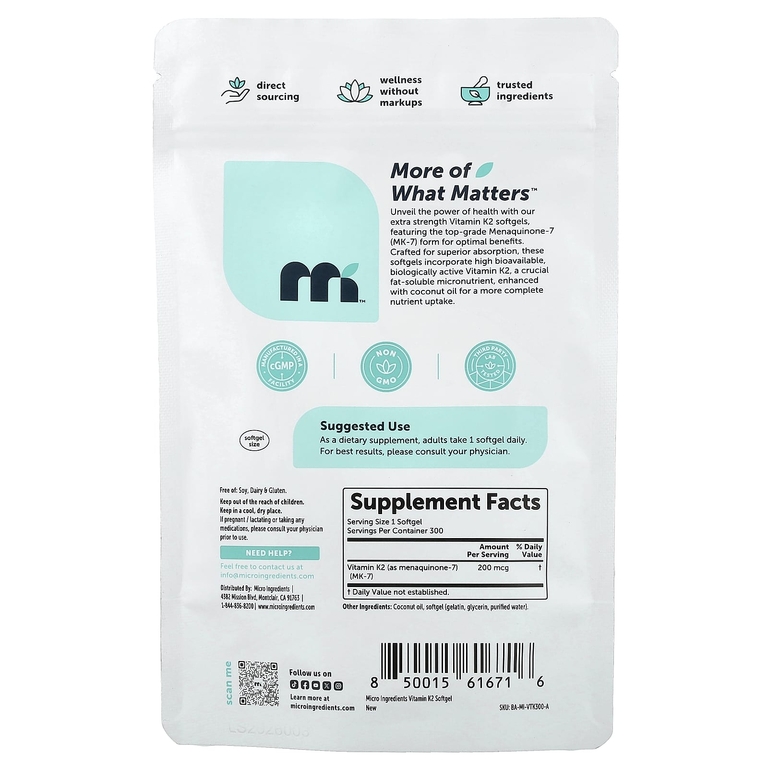 Micro Ingredients, Витамин K2, МК-7, 200 мкг, 300 мягких таблеток