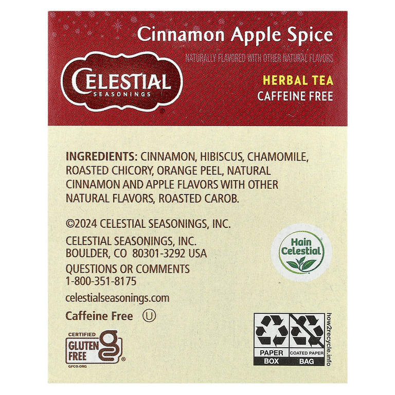 Celestial Seasonings, травяной чай, корица и яблоко, без кофеина, 20 чайных пакетиков, 48 г (1,7 унции)