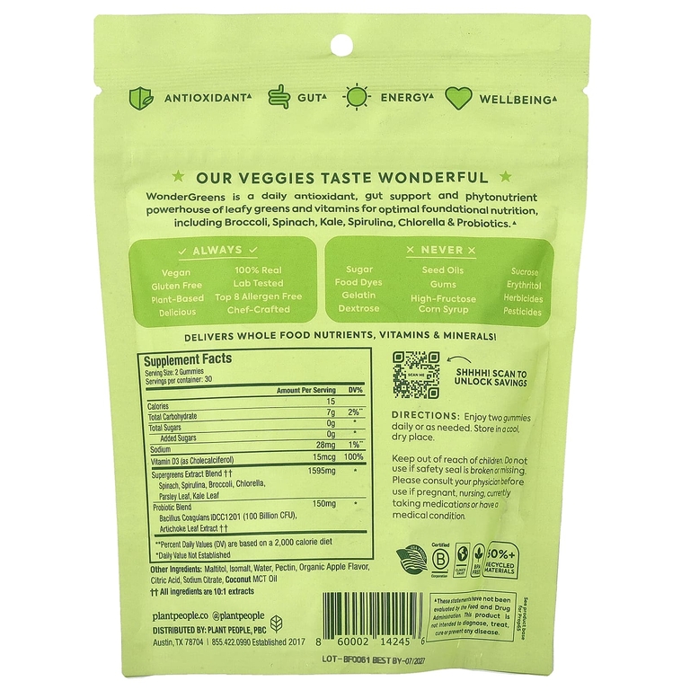 Plant People, WonderGreens®, супервегетарианские жевательные таблетки, со вкусом зеленого яблока, 60 жевательных конфет