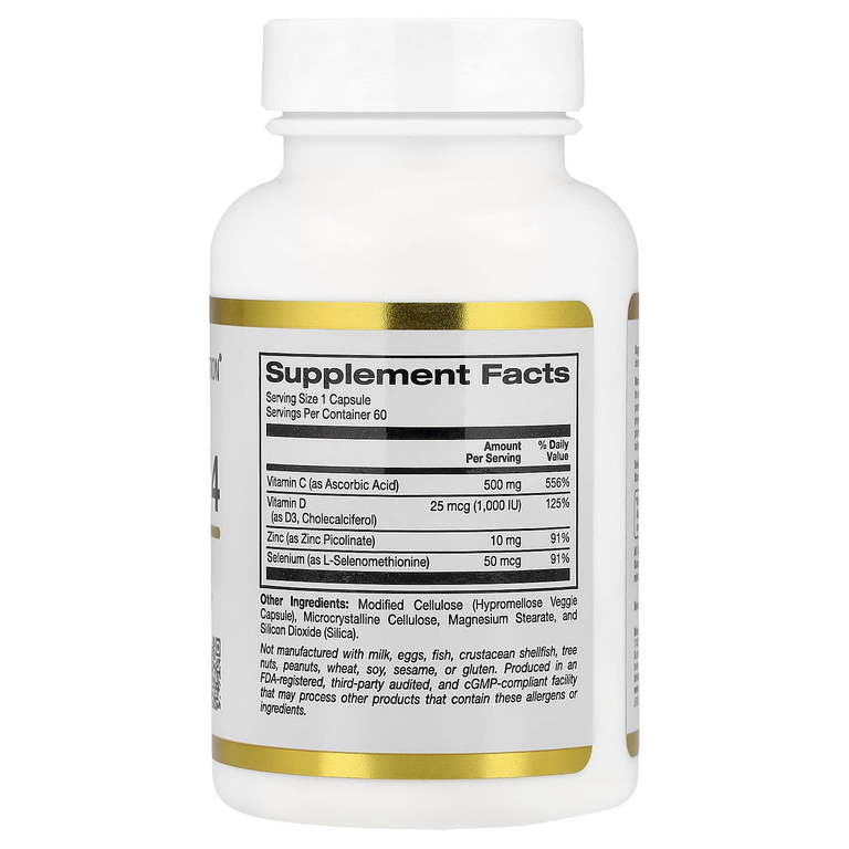 California Gold Nutrition, Defender 4, добавка с витаминами C и D, цинком и селеном, 60 вегетарианских капсул