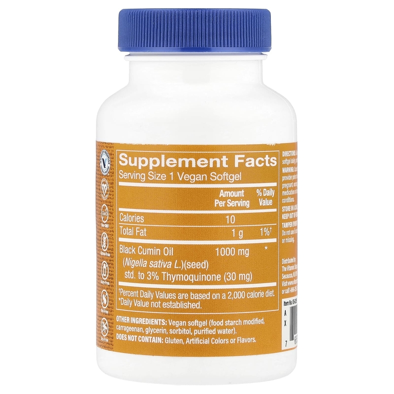 The Vitamin Shoppe, Масло черного тмина, 1000 мг, 60 веганских капсул