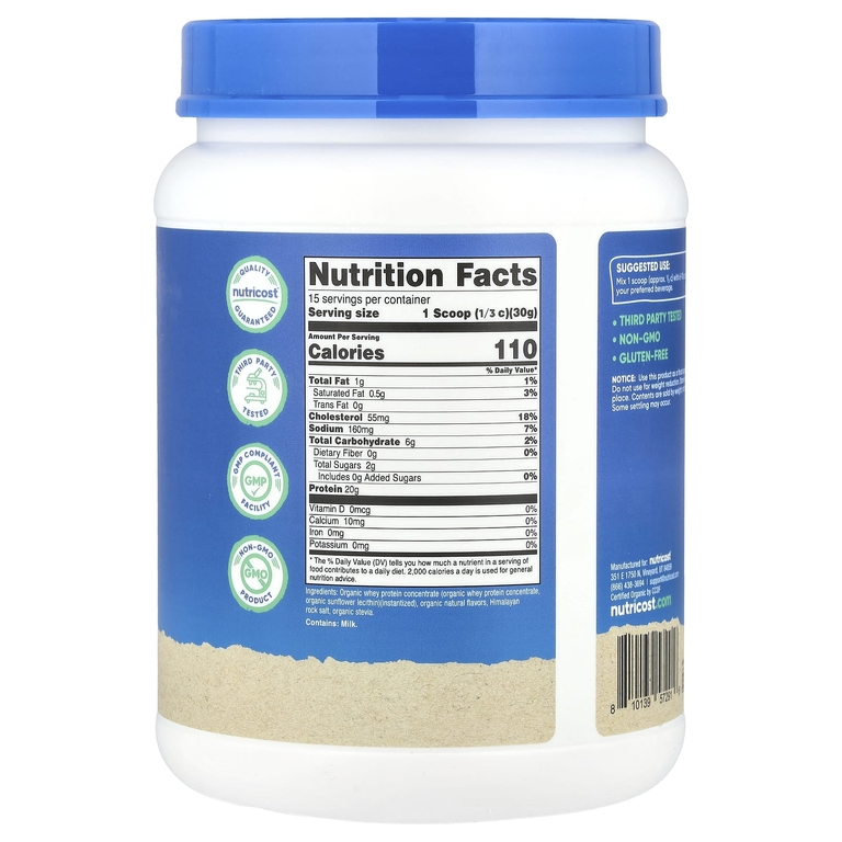 Nutricost, Органический сывороточный протеин, французская ваниль, 454 г (1 фунт)