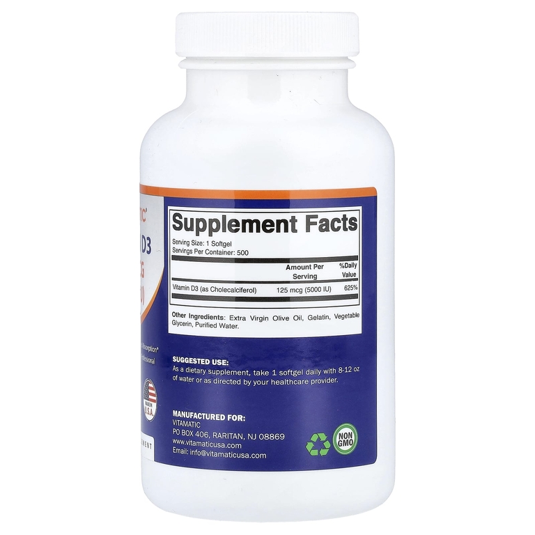 Vitamatic, Витамин D3, 125 мкг (5000 МЕ), 500 мягких таблеток