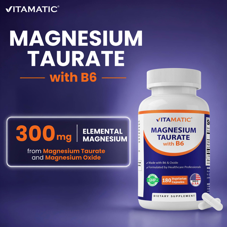 Vitamatic, таурат магния с витамином B6, 180 вегетарианских капсул
