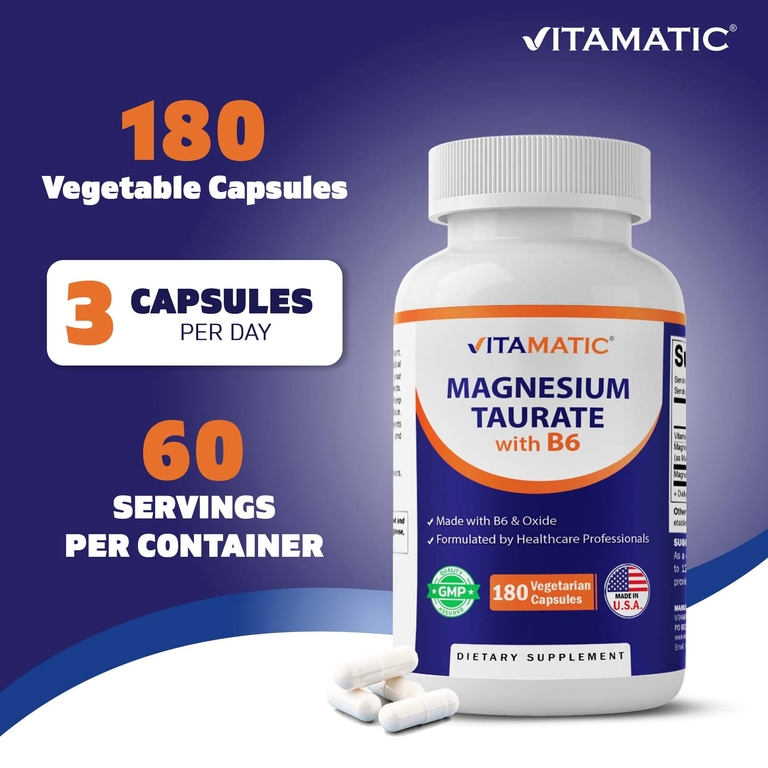 Vitamatic, таурат магния с витамином B6, 180 вегетарианских капсул