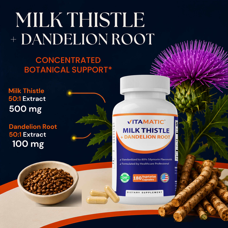Vitamatic, Расторопша + корень одуванчика, 180 вегетарианских капсул
