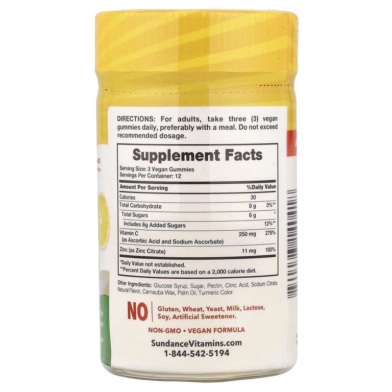 Sundance Vitamins, жевательные таблетки с витамином C и цинком, лимон, 36 веганских жевательных таблеток