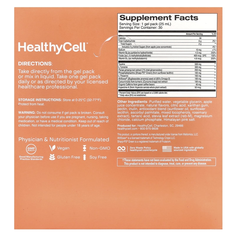 HealthyCell, Focus & Recall, персиковый ананас, 30 гелевых пакетиков по 25 мл (0,84 жидк. Унции)
