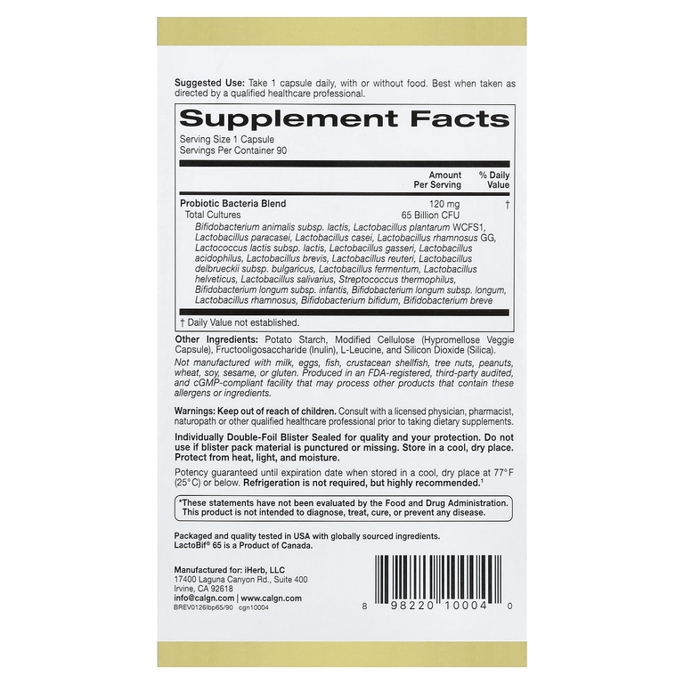 California Gold Nutrition, LactoBif® 65, пробиотики, 65 млрд КОЕ, 90 вегетарианских капсул