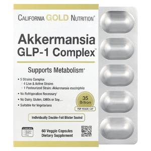 California Gold Nutrition, Akkermansia GLP-1 Complex, комплекс с аккермансией и ГПП-1 + пробиотики, 60 растительных капсул