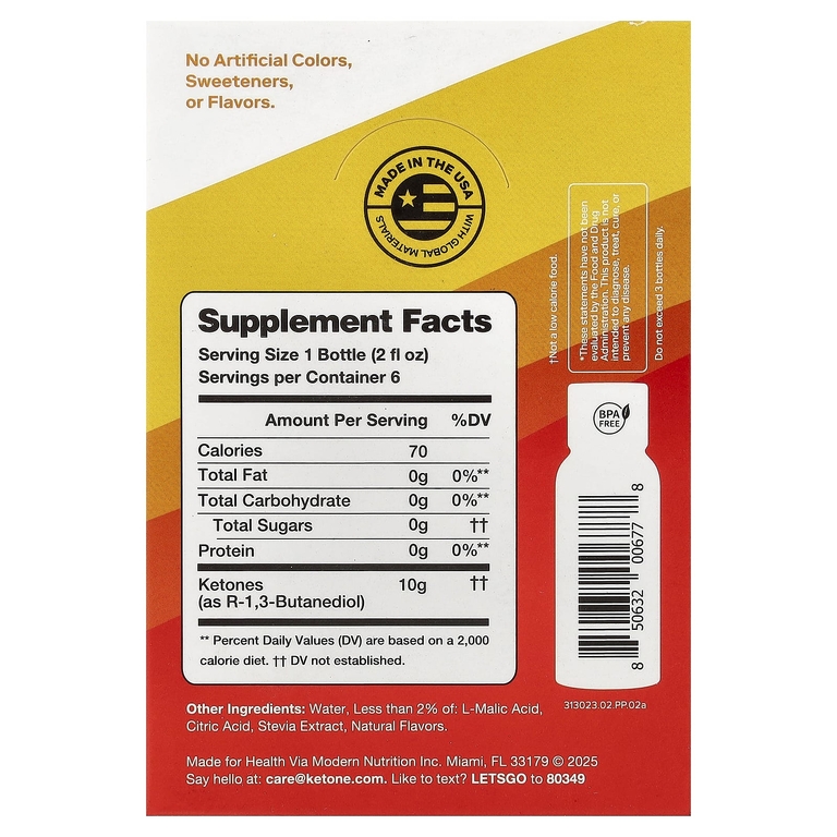 Ketone-IQ, Energy Shot, персик, без кофеина, 6 флаконов по 59 мл (2 жидк. унции)