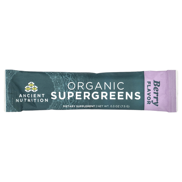 Ancient Nutrition, Organic Super Greens, ягоды, 16 упаковок в виде стиков, по 7,5 г (0,3 унции) каждая