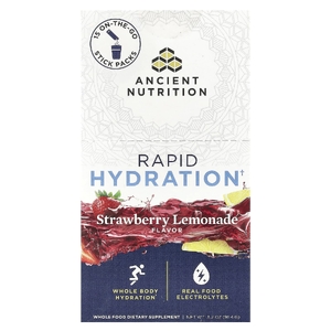 Ancient Nutrition, Rapid Hydration, клубничный лимонад, 15 упаковок в виде стиков, по 6,1 г (0,2 унции) (Товар снят с продажи) 