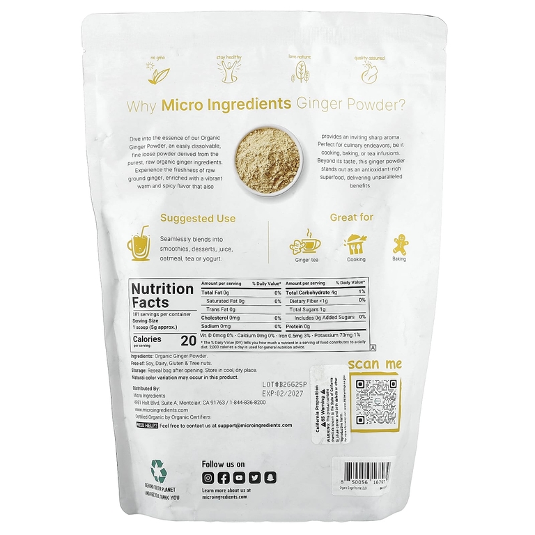 Micro Ingredients, органический порошок из имбиря, 907 г (2 фунта)