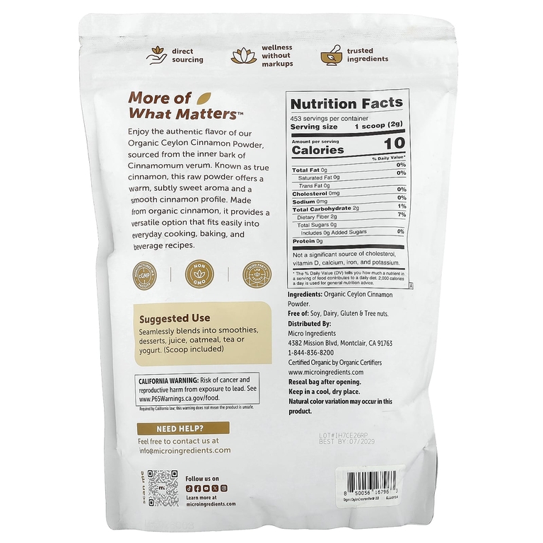 Micro Ingredients, Порошок органической цейлонской корицы, 907 г (2 фунта)