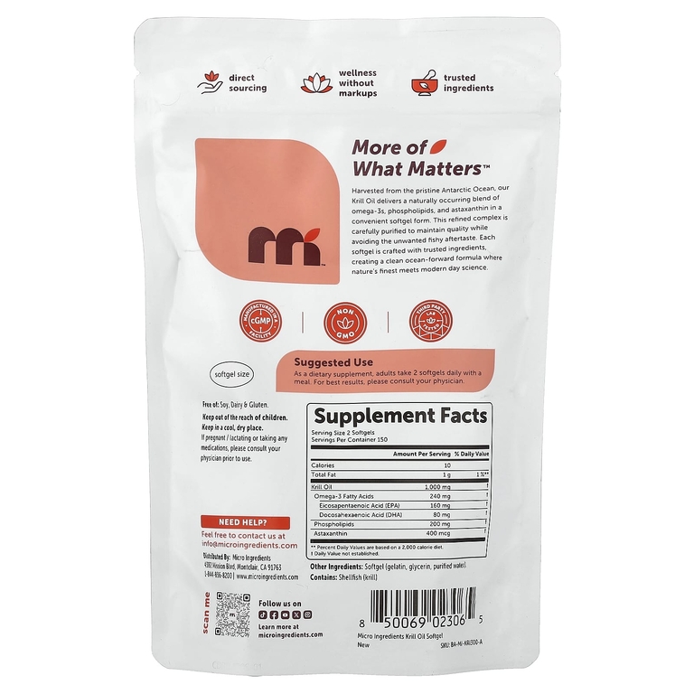 Micro Ingredients, масло антарктического криля, 300 капсул (500 мг в 1 капсуле)