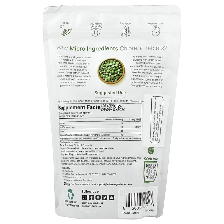 Micro Ingredients, Таблетка с органической хлореллой, 720 таблеток (0,5 г в 1 таблетке)
