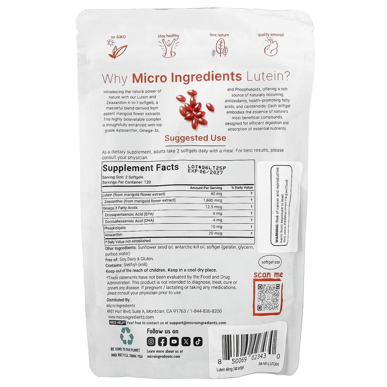 Micro Ingredients, лютеин с зеаксантином, 240 мягких таблеток