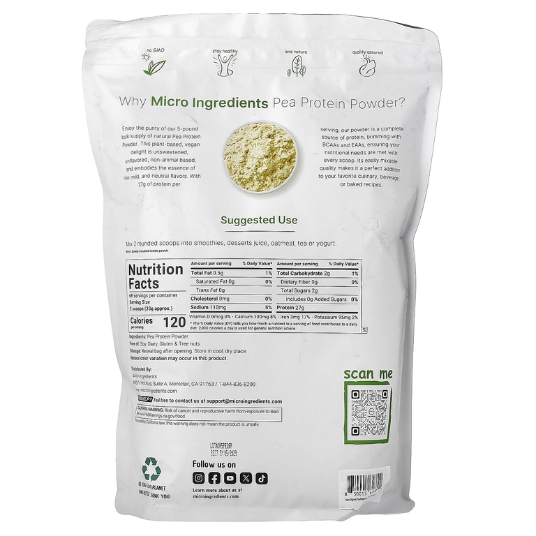 Micro Ingredients, Порошок из горохового протеина, без добавок, 2,26 кг (5 фунтов)