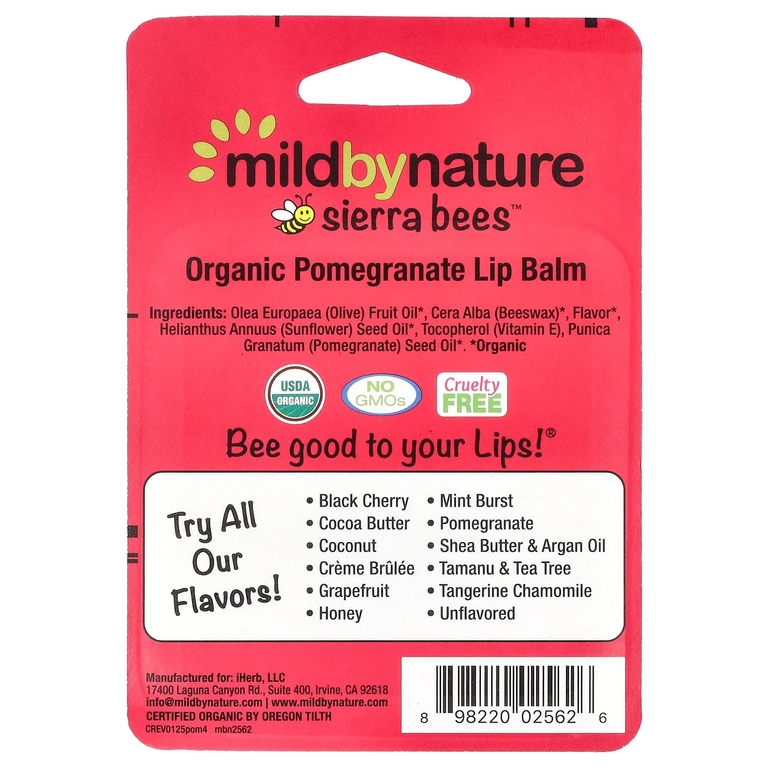 Mild By Nature, Sierra Bees™, органические бальзамы для губ, гранат, 4 шт. по 4,25 г (0,15 унции)