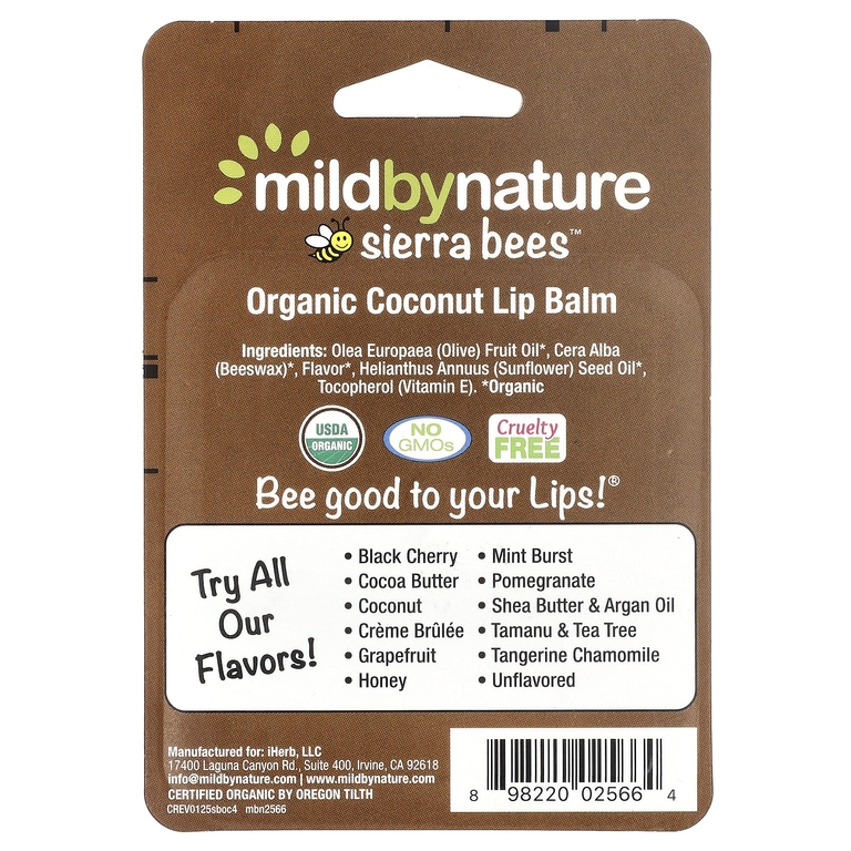 Mild By Nature, Sierra Bees™, органические бальзамы для губ, кокос, 4 шт. по 4,25 г (0,15 унции)
