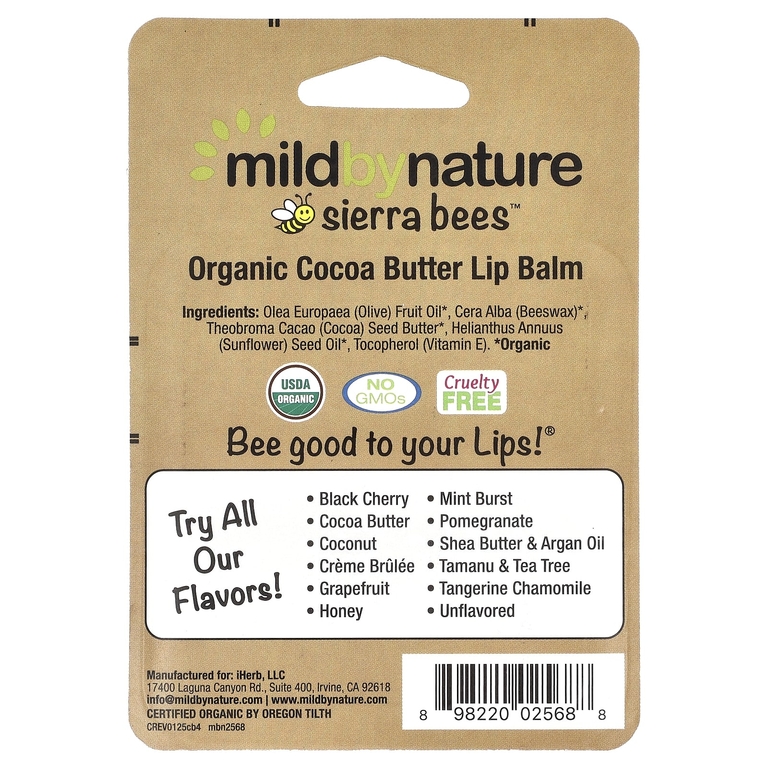 Mild By Nature, Sierra Bees™, органические бальзамы для губ, какао-масло, 4 шт. по 4,25 г (0,15 унции)