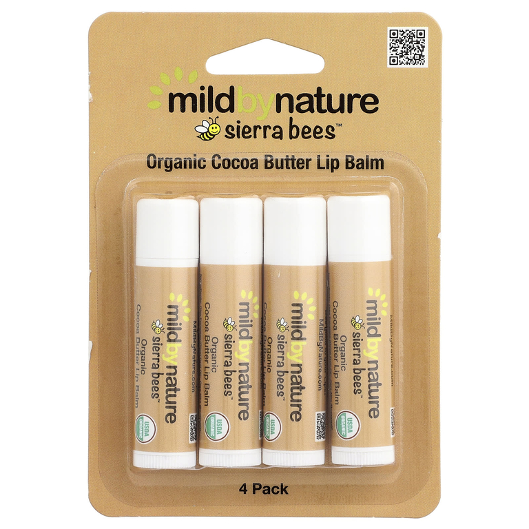Mild By Nature, Sierra Bees™, органические бальзамы для губ, какао-масло, 4 шт. по 4,25 г (0,15 унции)