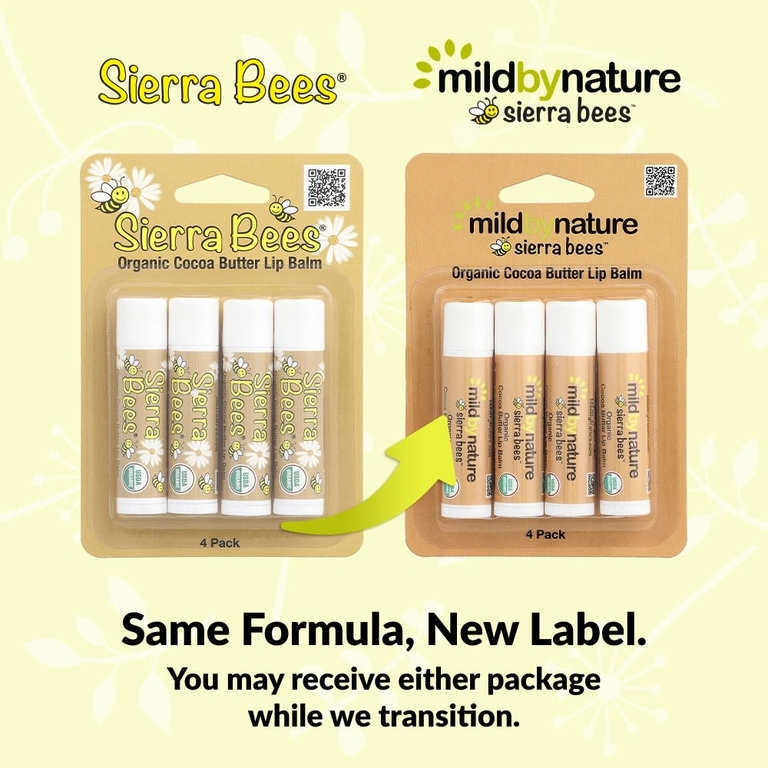Mild By Nature, Sierra Bees™, органические бальзамы для губ, какао-масло, 4 шт. по 4,25 г (0,15 унции)