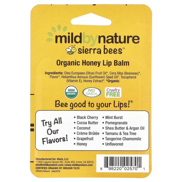 Mild By Nature, Sierra Bees™, органические бальзамы для губ, мёд, упаковка из 4 шт. по 4,25 г (0,15 унции)