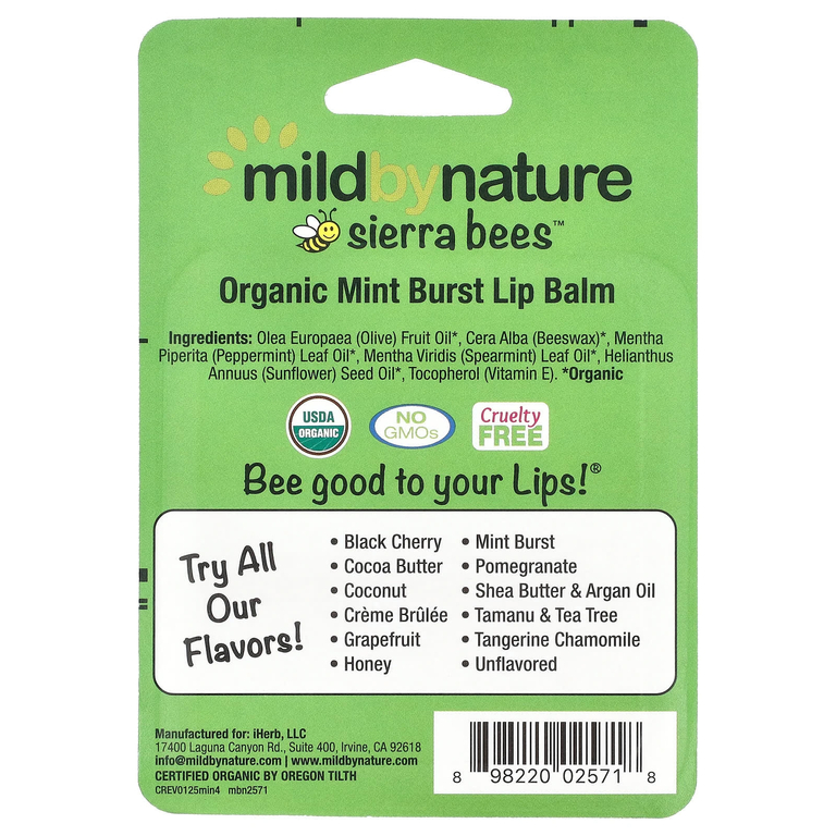 Mild By Nature, Sierra Bees™, органические бальзамы для губ, мята, упаковка из 4 шт. по 4,25 г (0,15 унции)