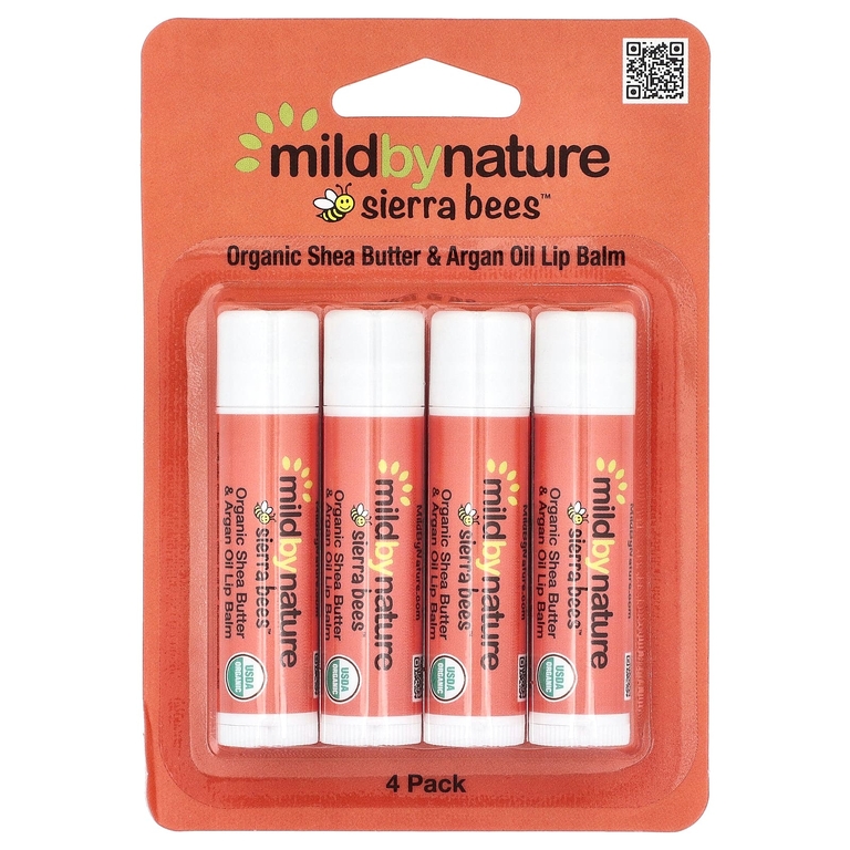 Mild By Nature, Sierra Bees™, органические бальзамы для губ, масло ши и аргановое масло, упаковка из 4 шт. по 4,25 г (0,15 унции)