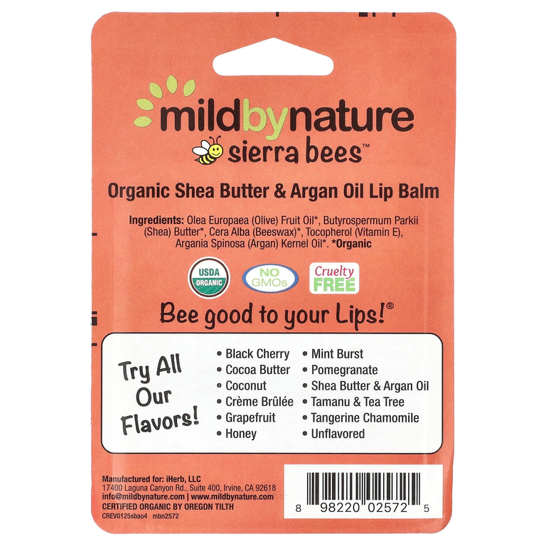 Mild By Nature, Sierra Bees™, органические бальзамы для губ, масло ши и аргановое масло, упаковка из 4 шт. по 4,25 г (0,15 унции)