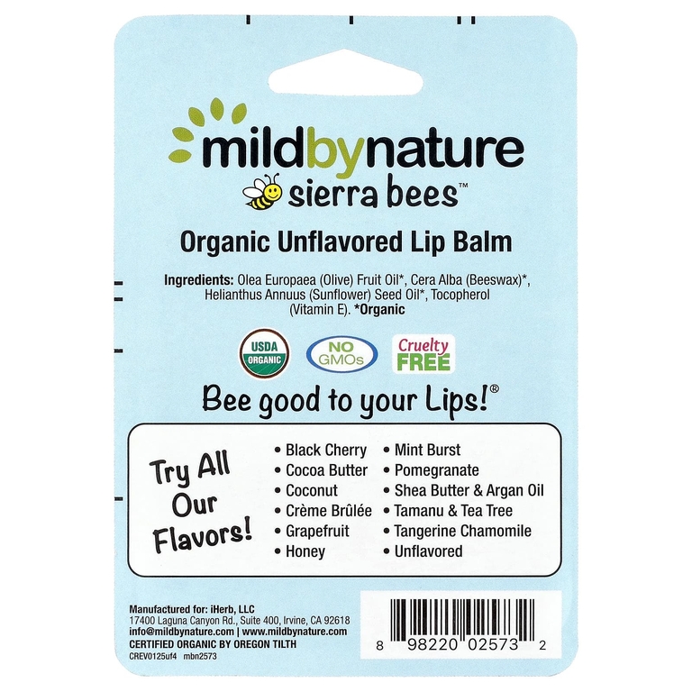 Mild By Nature, Sierra Bees™, органические бальзамы для губ, без добавок, упаковка из 4 шт. по 4,25 г (0,15 унции)