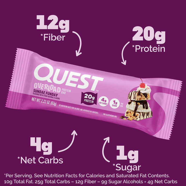 Quest Nutrition, Overload Protein Bar, Sundae Funday, 12 батончиков (63 г (2,22 унции))