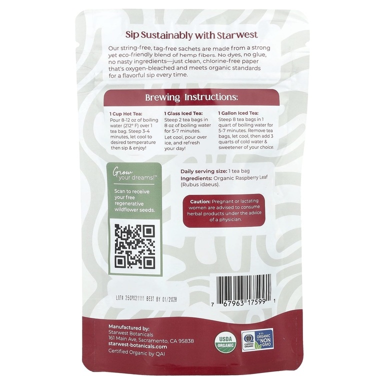 Starwest Botanicals, Органический чай из листьев малины, 20 чайных пакетиков, 30 г (1,04 унции)