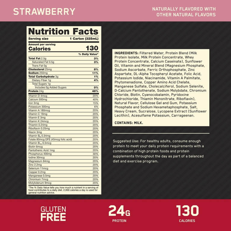 Optimum Nutrition, Протеиновый коктейль Gold Standard®, клубника, 4 коробки по 325 мл (11 жидк. Унций)
