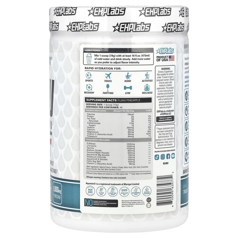 EHPlabs, Hydreau Sports Hydration, фиджийский ананас, 316 г (11,15 унции)