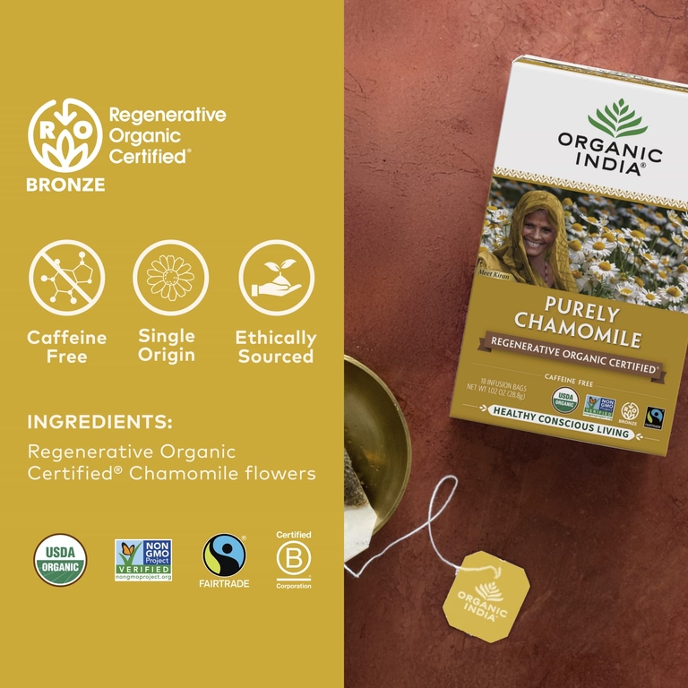 Organic India, чай с ромашкой, без кофеина, 18 пакетиков для заваривания, 28,8 г (1,02 унции)
