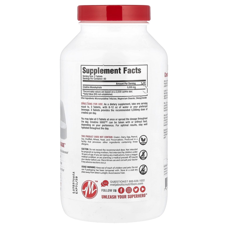 Metabolic Nutrition, Creatine 5000 ™, 180 таблеток (1666 мг в каждой таблетке)