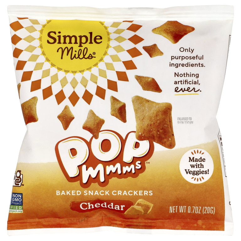 Simple Mills, PopMmms ™, запеченные крекеры с чеддером, 8 пакетиков по 20 г (0,7 унции)