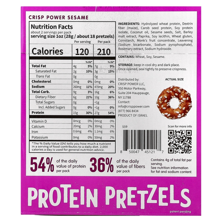 Crisp Power, Протеиновые крендели с кунжутом, 6 пакетиков по 50 г (1,75 унции)