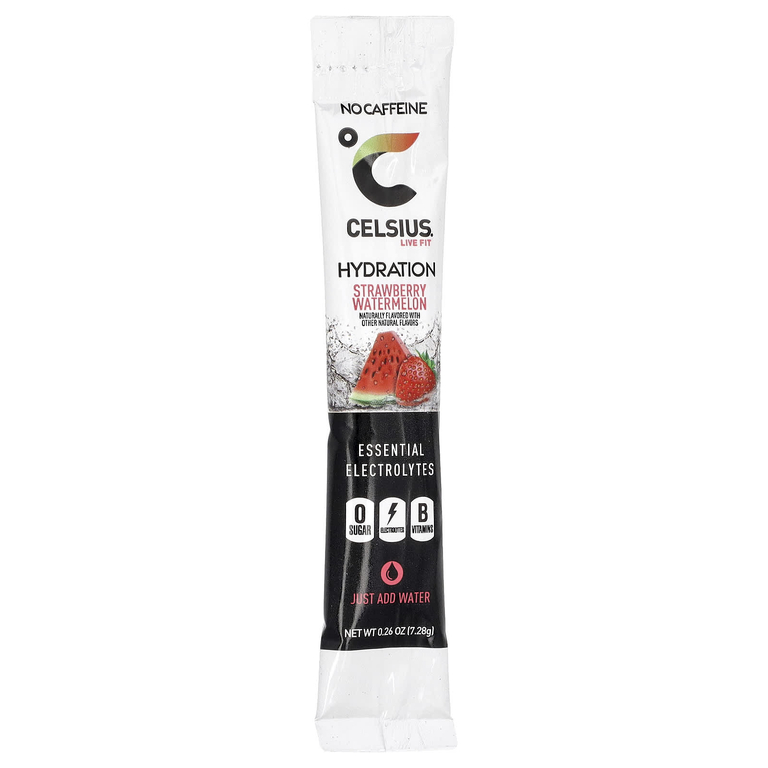 Celsius, Live Fit, увлажнение, незаменимые электролиты, без кофеина, клубника и арбуз, 14 порошковых стиков для увлажнения, по 7,28 г (0,26 унции)