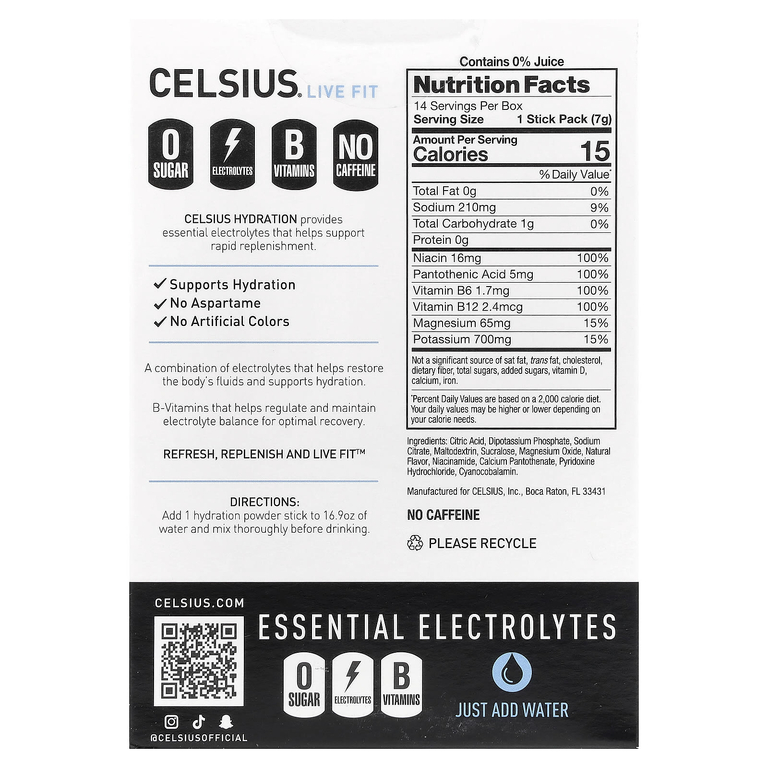 Celsius, Live Fit, увлажнение, незаменимые электролиты, без кофеина, арктическая вишня, 14 стиков в виде порошка, по 7,43 г (0,26 унции)