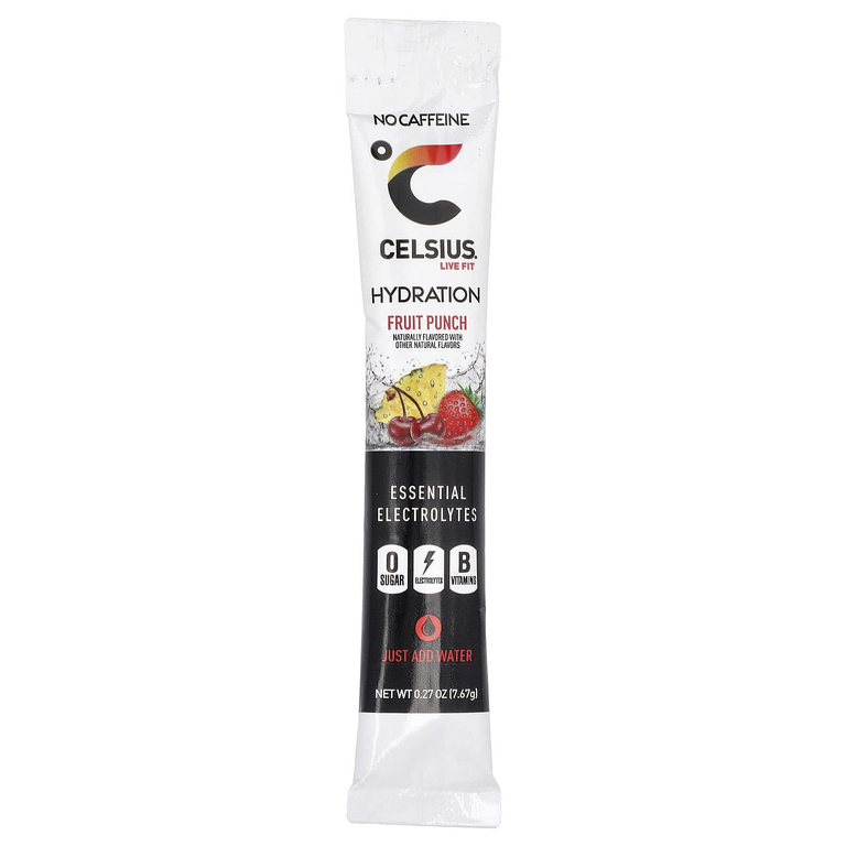 Celsius, Live Fit, увлажнение, незаменимые электролиты, без кофеина, фруктовый пунш, 14 порошковых стиков для увлажнения, 7,76 г (0,27 унции)