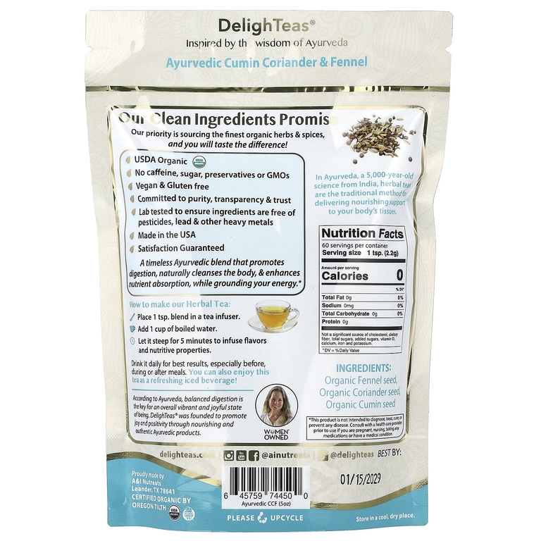 DelighTeas, травяной очищающий чай, зира, кориандр и фенхель, рассыпчатая смесь, без кофеина, 140 г (5 унций)
