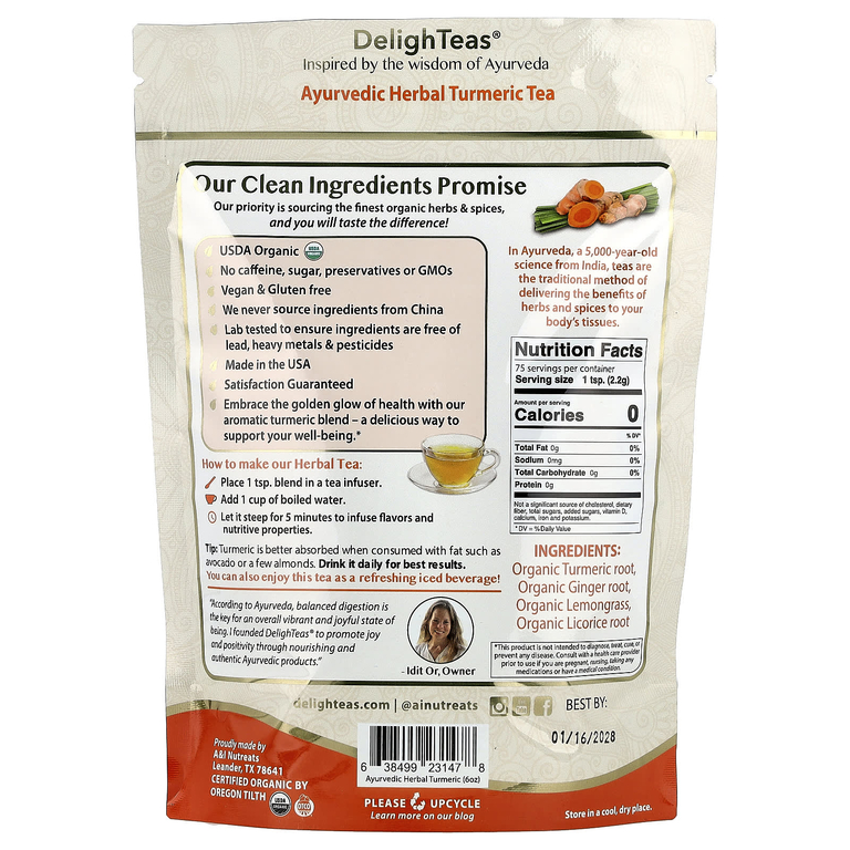 DelighTeas, аюрвердический травяной чай с куркумой, рассыпная смесь, без кофеина, 170 г (6 унций) (Товар снят с продажи) 