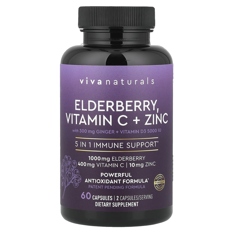 Viva Naturals, бузина, витамин C, цинк и имбирь, 60 капсул